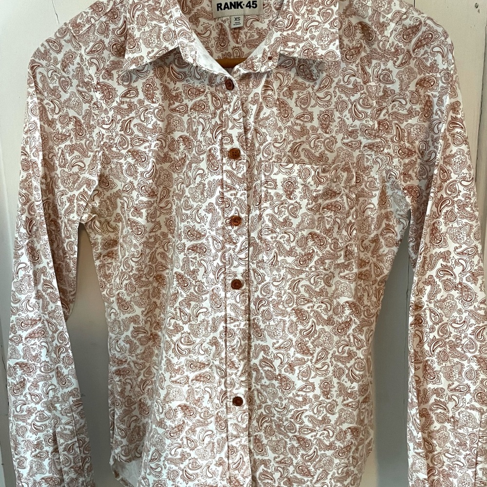 Rank 45 Women's Paisley‎ Button Down Shirt - Brown and White
